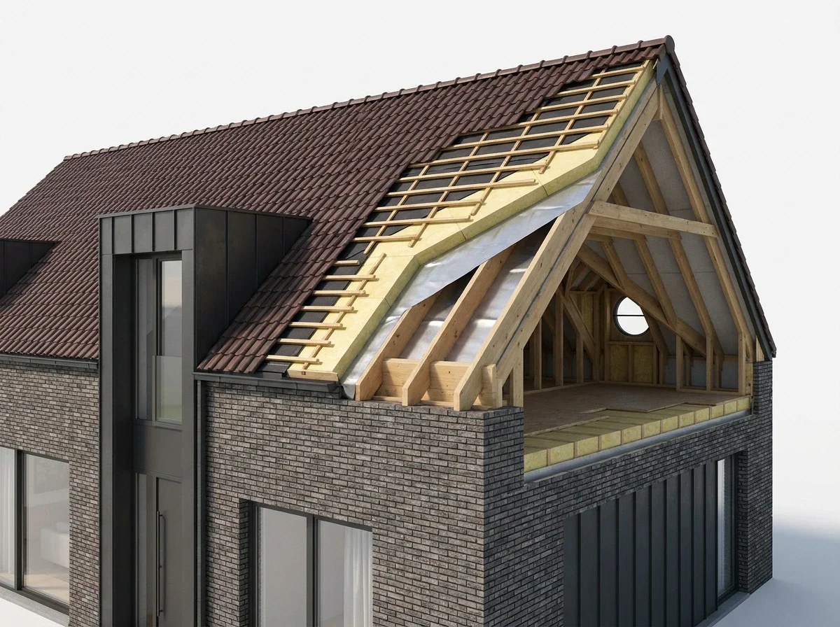 Coupe d'une maison en brique sombre — toiture en cours d'isolation montrant les contre-lattes en bois, le pare-pluie, les panneaux d'isolation en fibre de bois et le pare-vapeur réfléchissant entre les chevrons, charpente en bois apparente