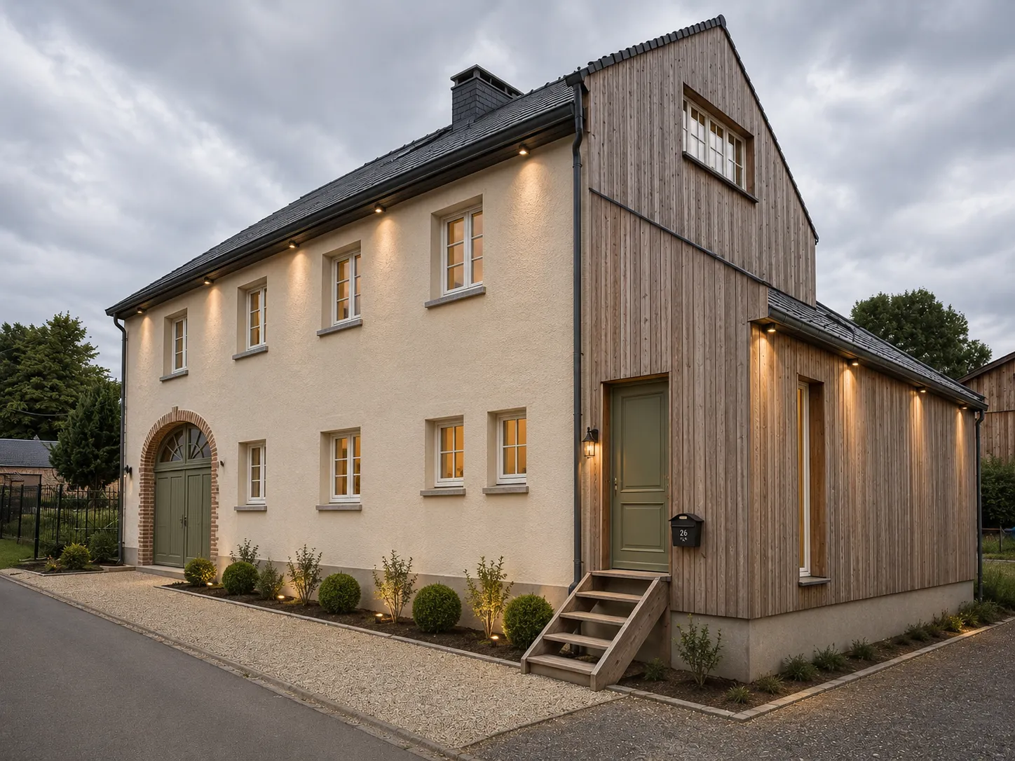 Maison restaurée par SOMA au crépuscule — façade en pierre rénovée à gauche, extension contemporaine en bardage bois à droite, porte vert sauge, jardin paysager