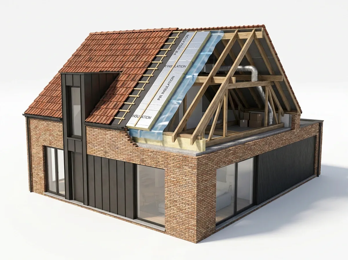 Coupe 3D d'une maison en brique : toiture en tuiles terre cuite avec PIR rigide et pare-pluie bleu, charpente bois apparente