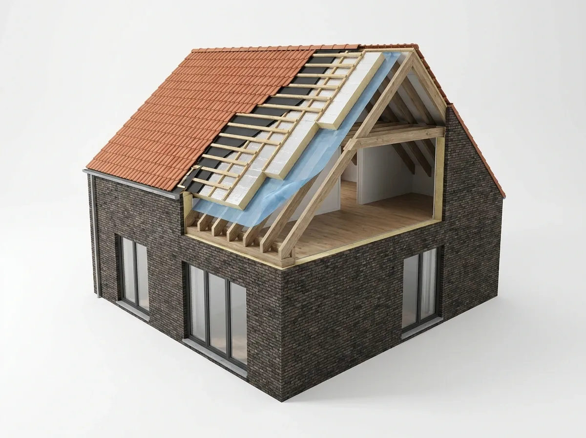 Coupe 3D d'une maison en brique sombre : intérieur du comble visible avec plancher bois, isolant et pare-vapeur posés entre les chevrons