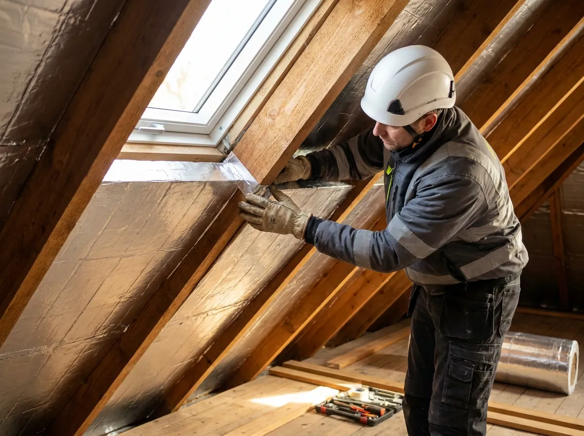 Coupe d'une maison en brique sombre montrant la composition d'une toiture isolée par l'intérieur : tuiles, contre-lattage en bois, pare-pluie, panneaux d'isolation en fibre de bois et pare-vapeur réfléchissant — vue tridimensionnelle pédagogique